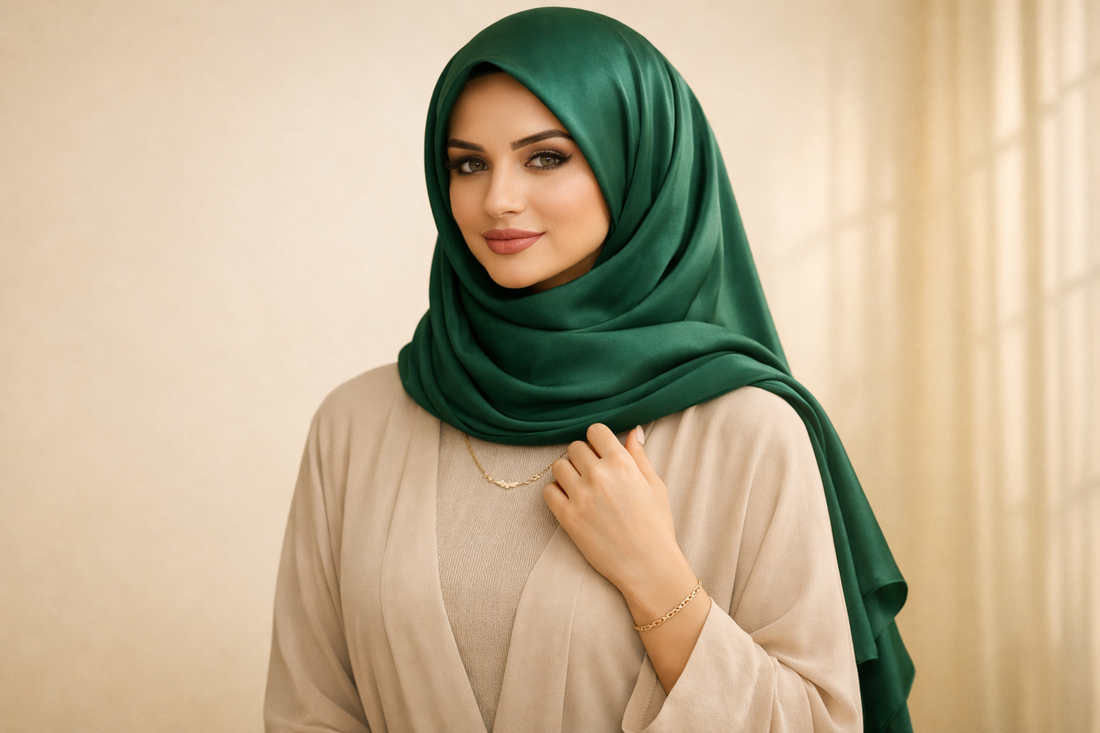 Modest fashion lookbook — woman in an emerald silk hijab and beige abaya with gold jewellery by Anaqatk First