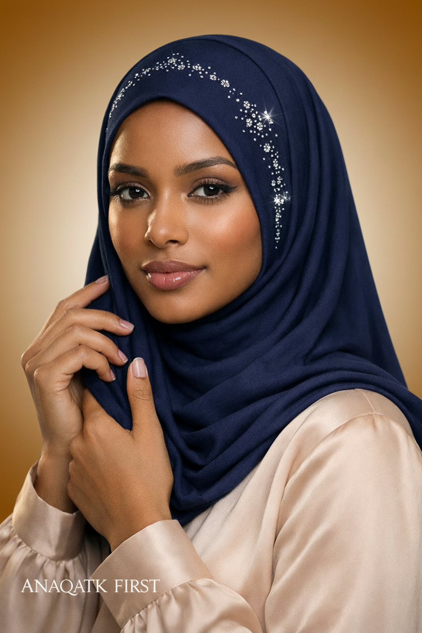 Woman wearing a navy hijab with embellishments, posing against a neutral background.