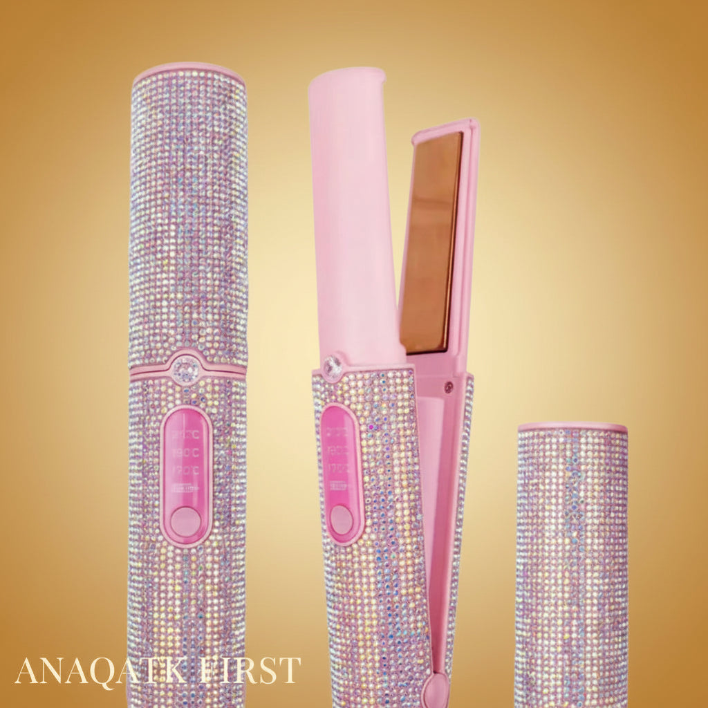 Pink hijab straightener with rhinestone accents on a black background