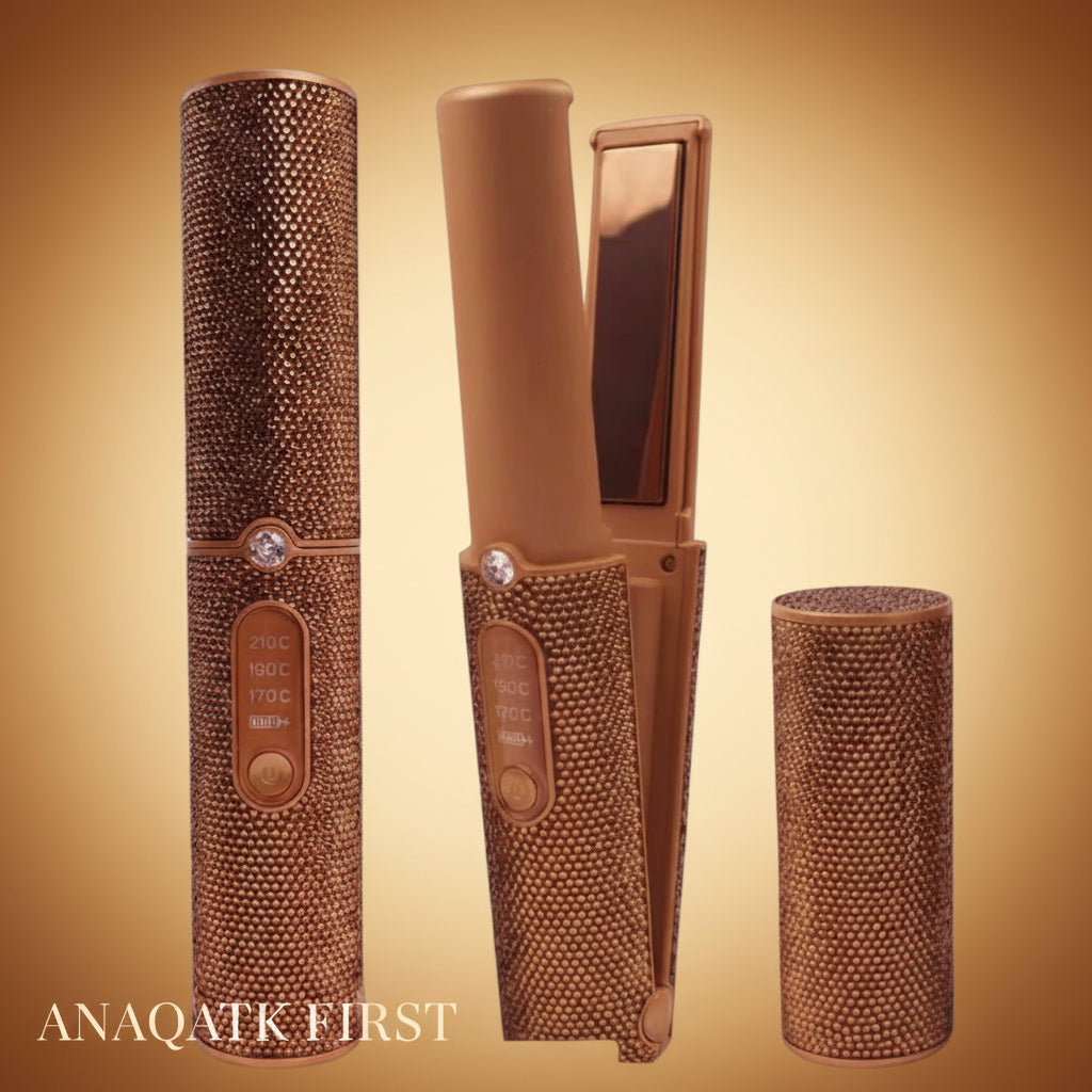Brown hijab straightener with interchangeable barrels on a black background, featuring 'ANAQATK FIRST' branding.