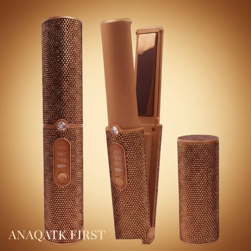 Brown hijab straightener with interchangeable barrels on a black background, featuring 'ANAQATK FIRST' branding.