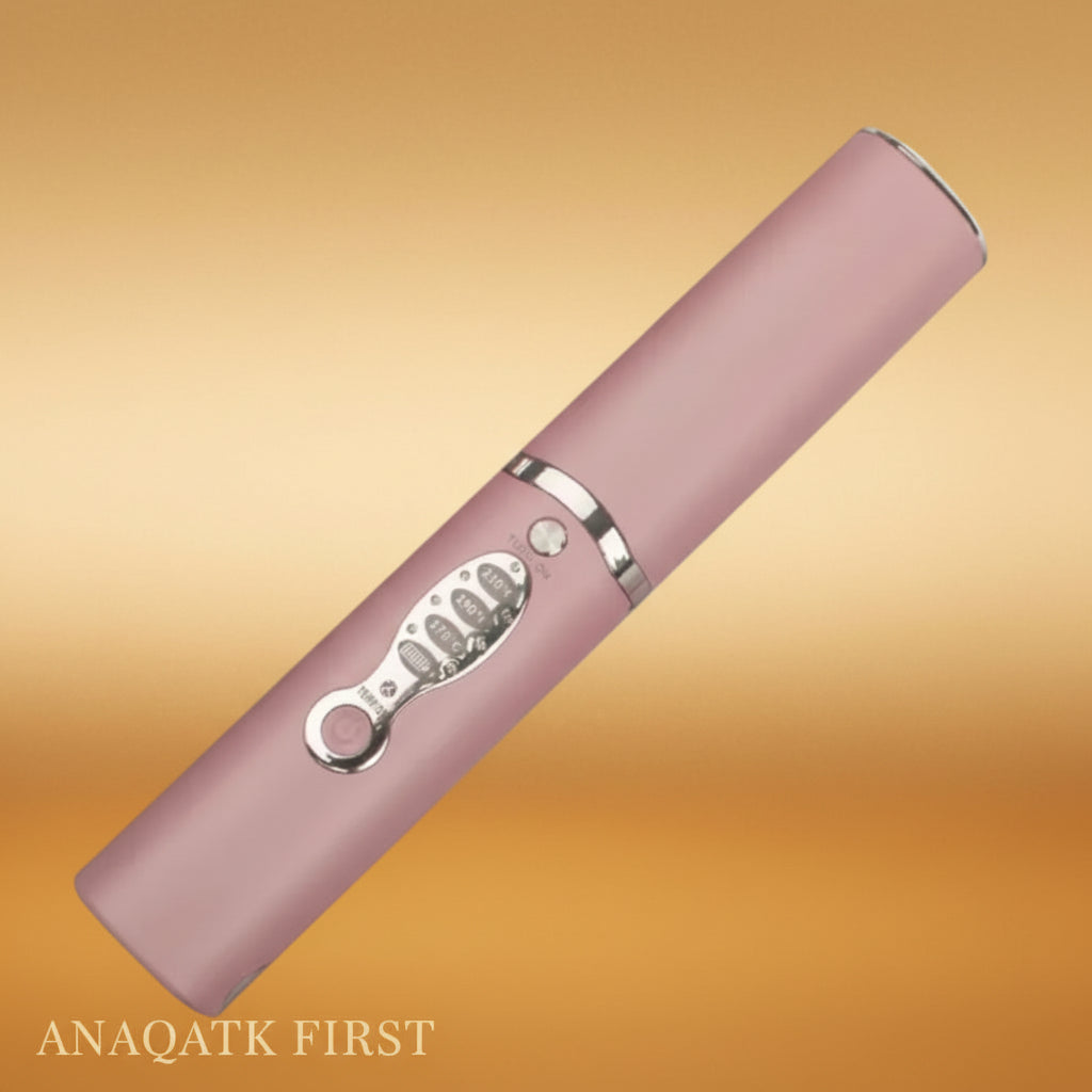 Pink cylindrical product with silver emblem on a black background, featuring 'ANAQATK FIRST' branding.