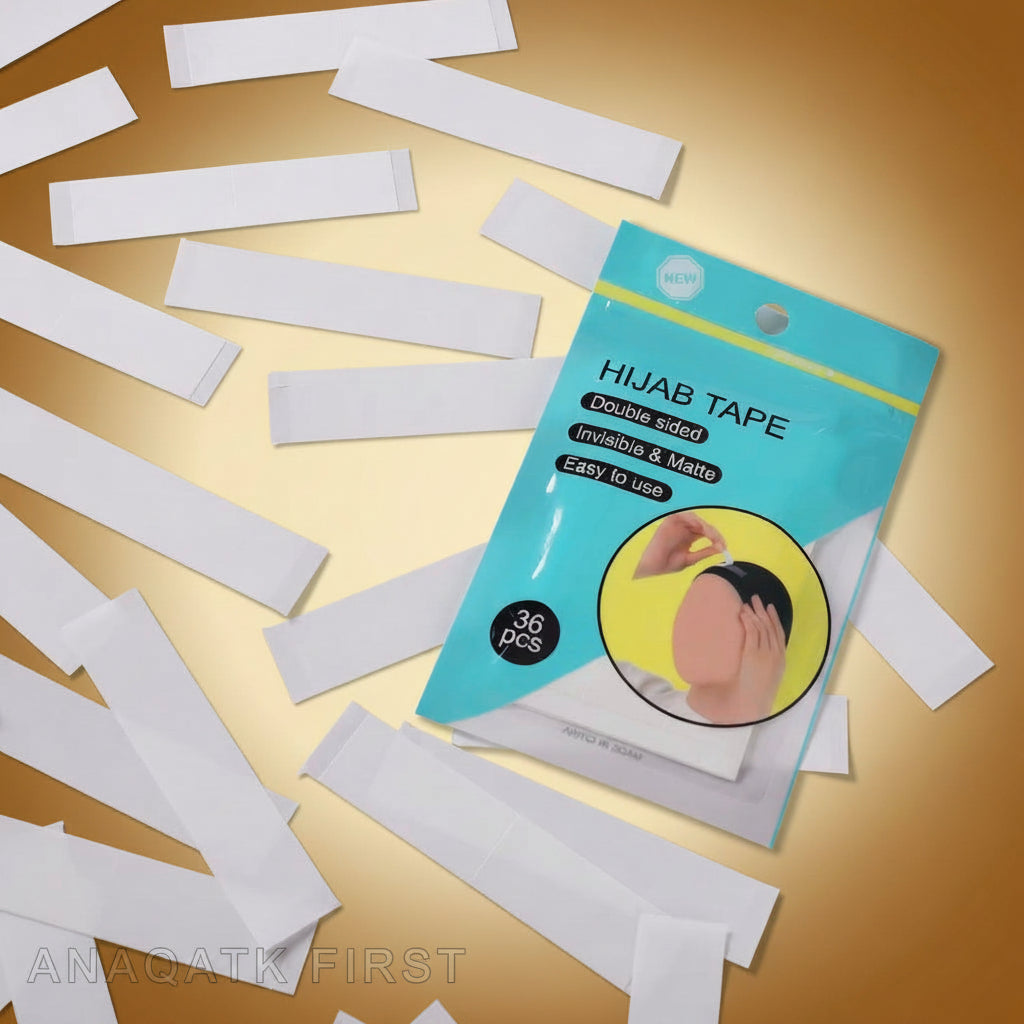 Packaging of hijab tape with strips on a wooden surface