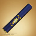 Blue and gold cylindrical object with decorative elements on a black background, featuring 'ANAQATK FIRST' branding.