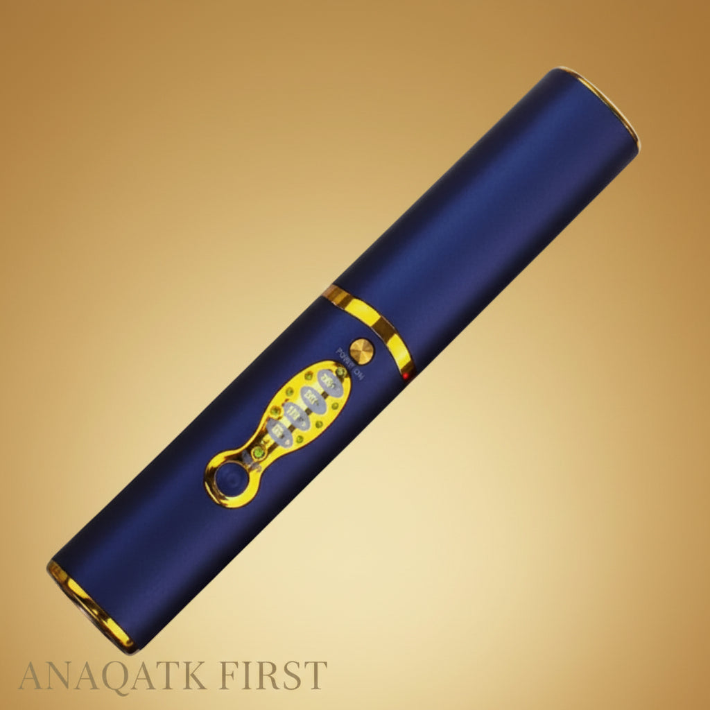 Blue and gold cylindrical object with decorative elements on a black background, featuring 'ANAQATK FIRST' branding.