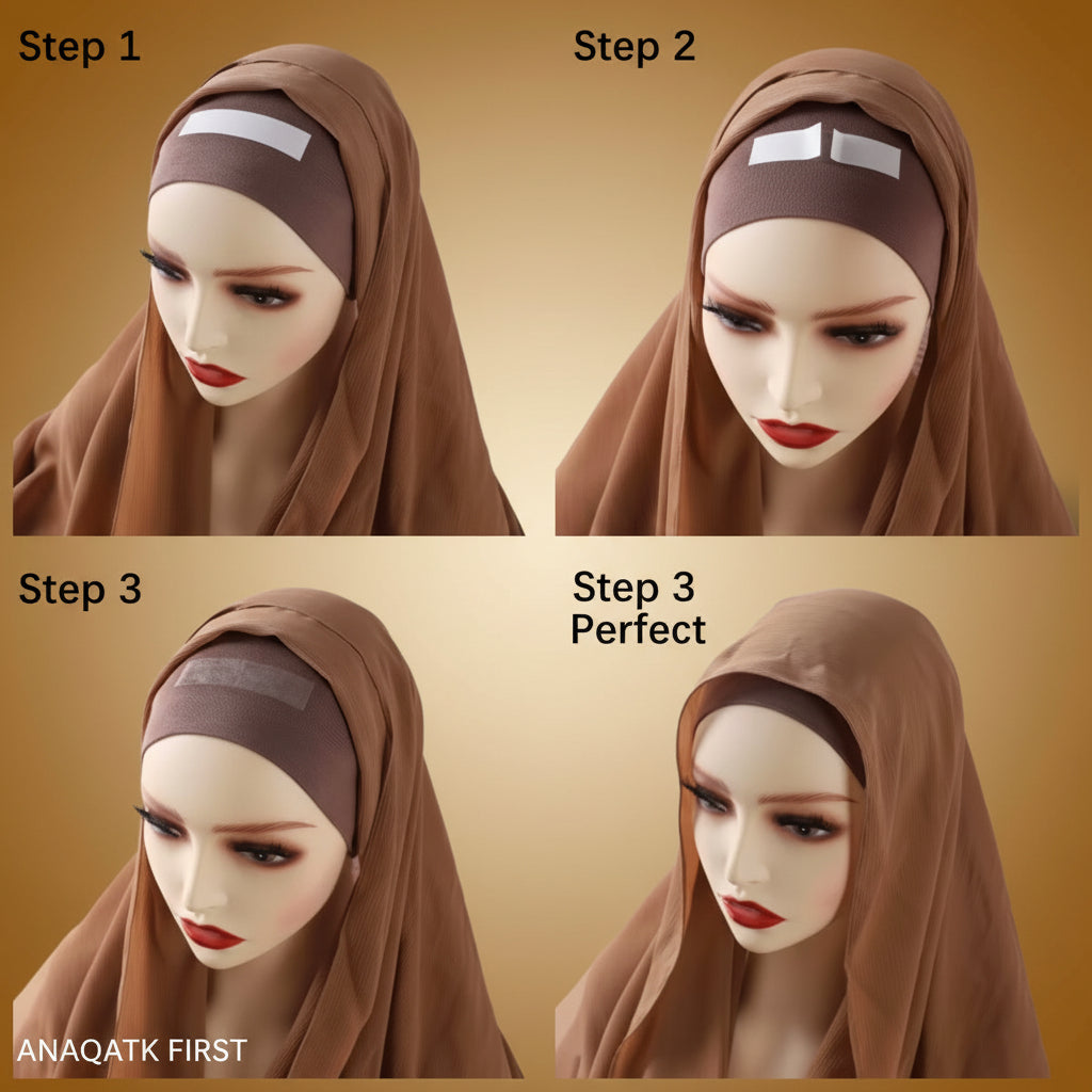 Step-by-step guide on how to wear a brown hijab with a white headband.