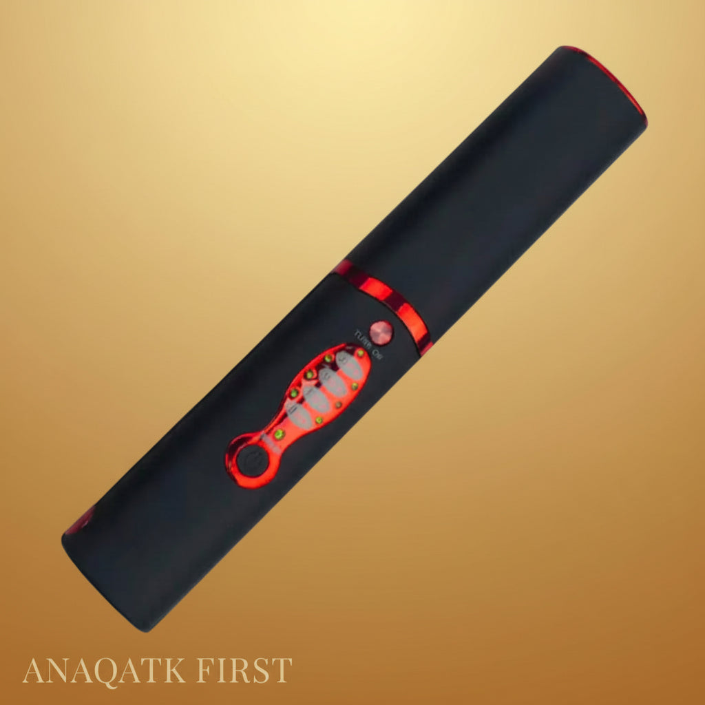 Black and red vape device with fish design on a black background, featuring 'ANAQATK FIRST' branding.