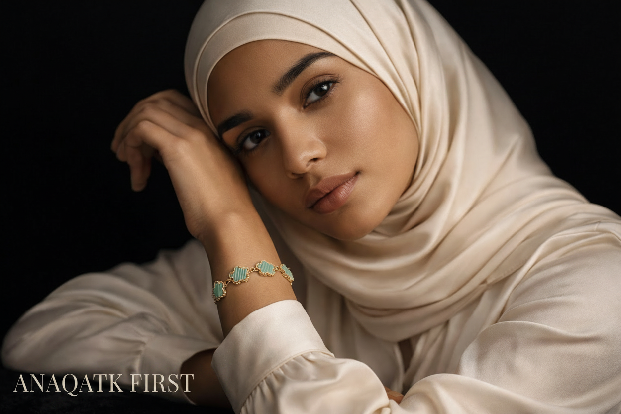 Woman wearing a beige hijab and white outfit with jewelry on a black background