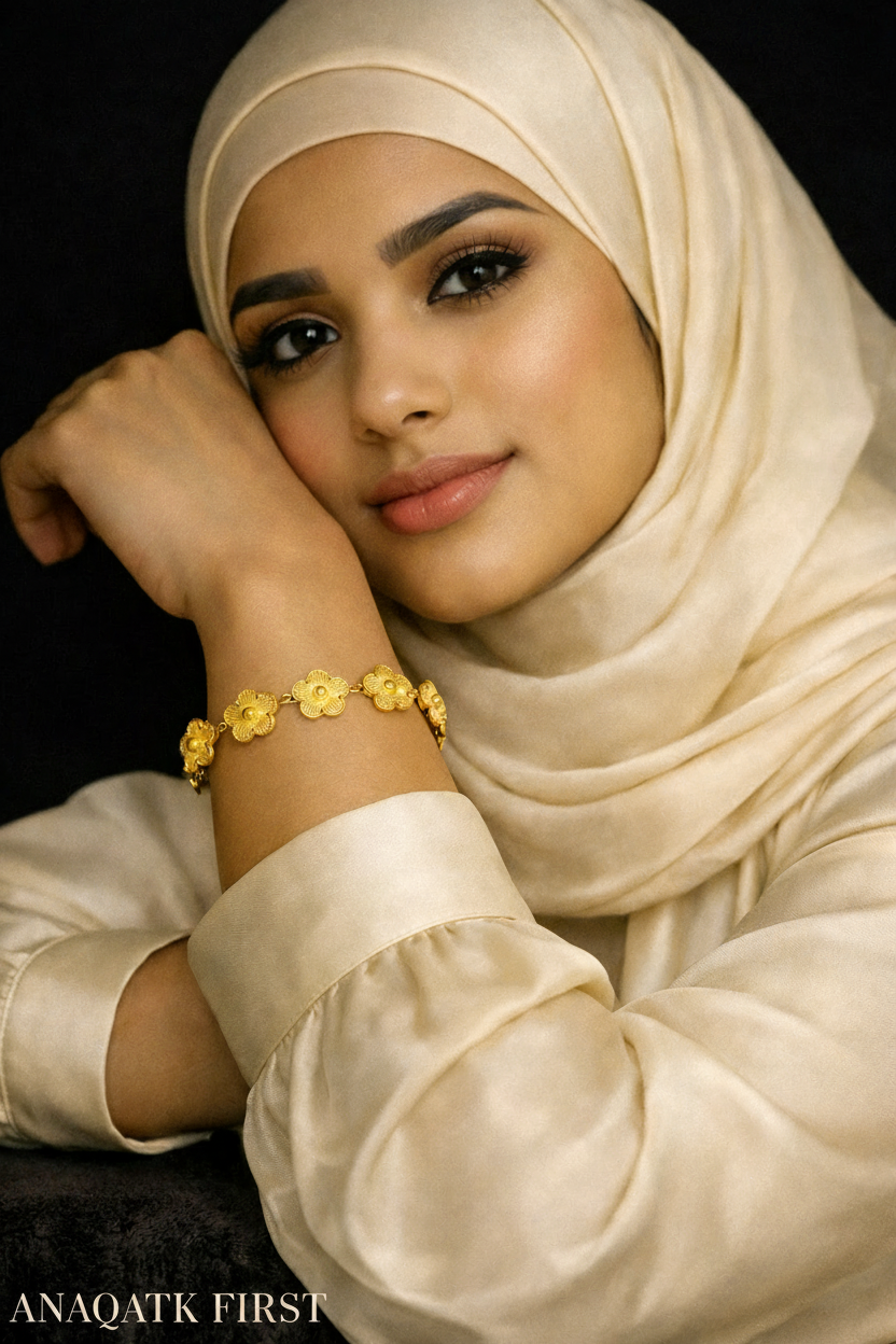 Woman wearing a beige hijab and gold bracelet with a dark background