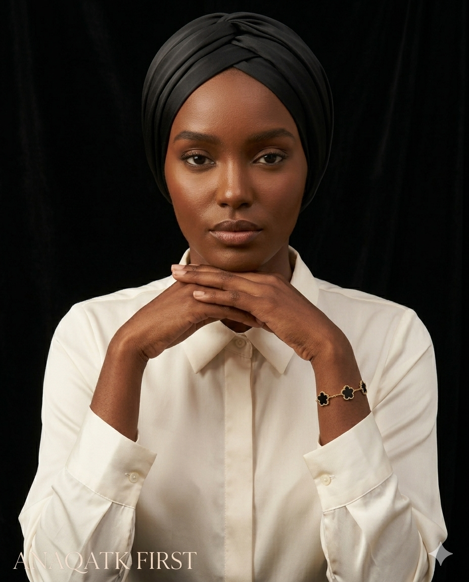 Woman wearing a black headscarf and white shirt against a black background