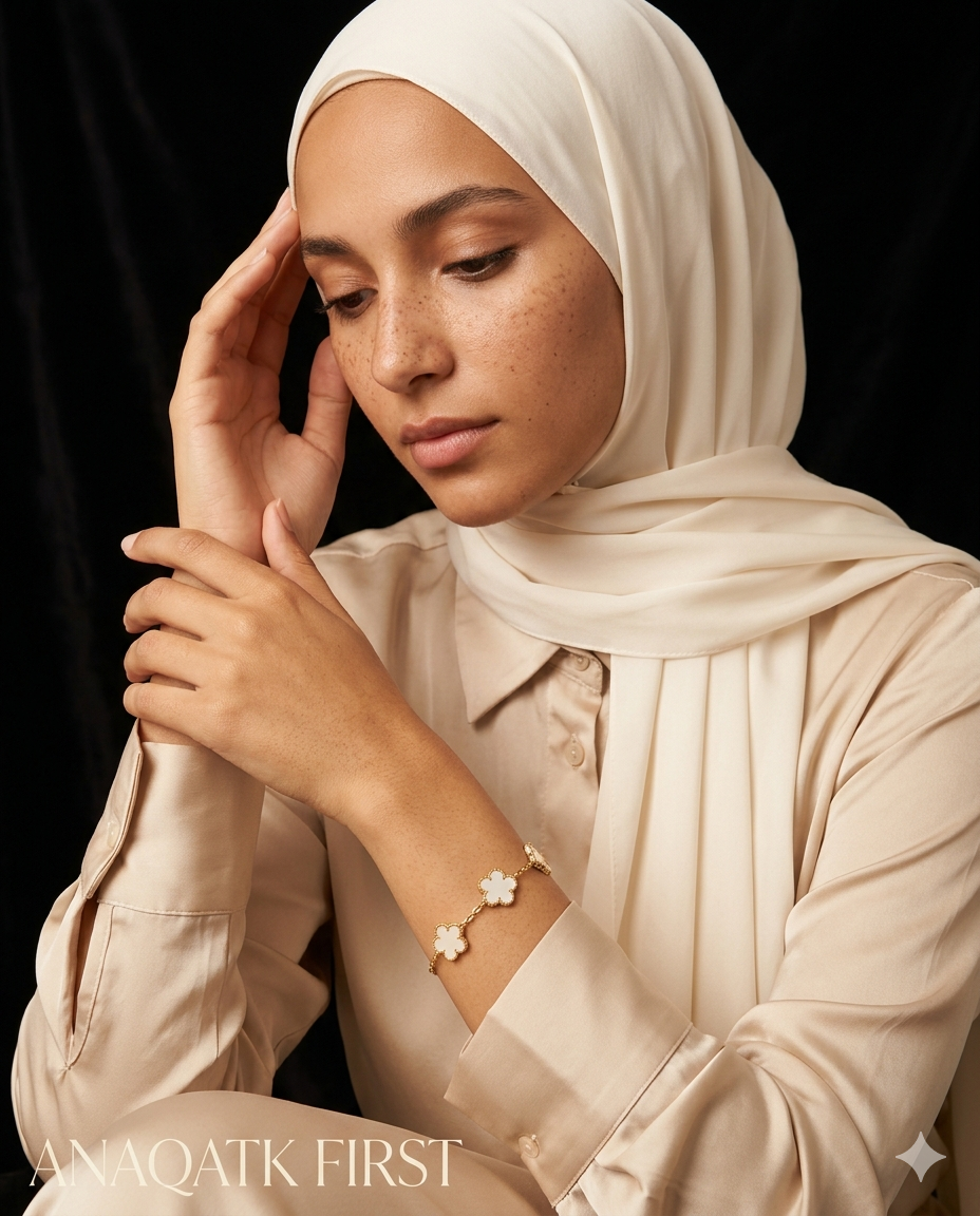 Woman wearing a beige hijab and shirt with a bracelet, against a black background. Brand 'ANAAQATIK FIRST' visible.