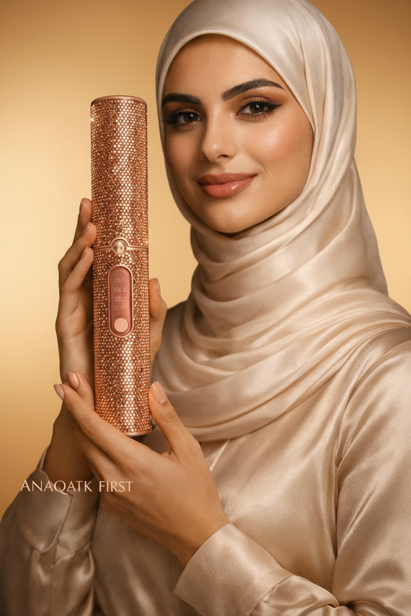 Woman holding a rose gold cylindrical product with 'ANAQATK FIRST' branding against a black background