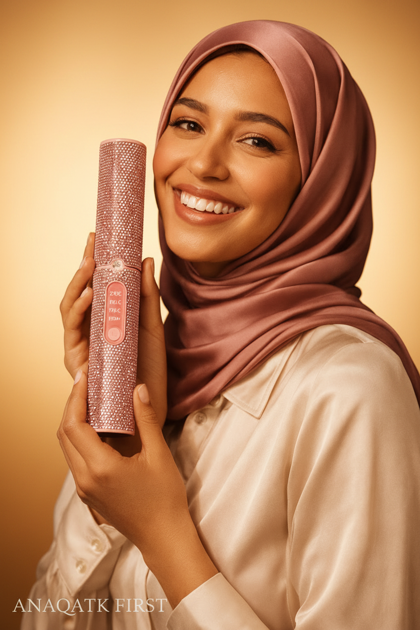 Woman holding a pink glittery product with a dark background