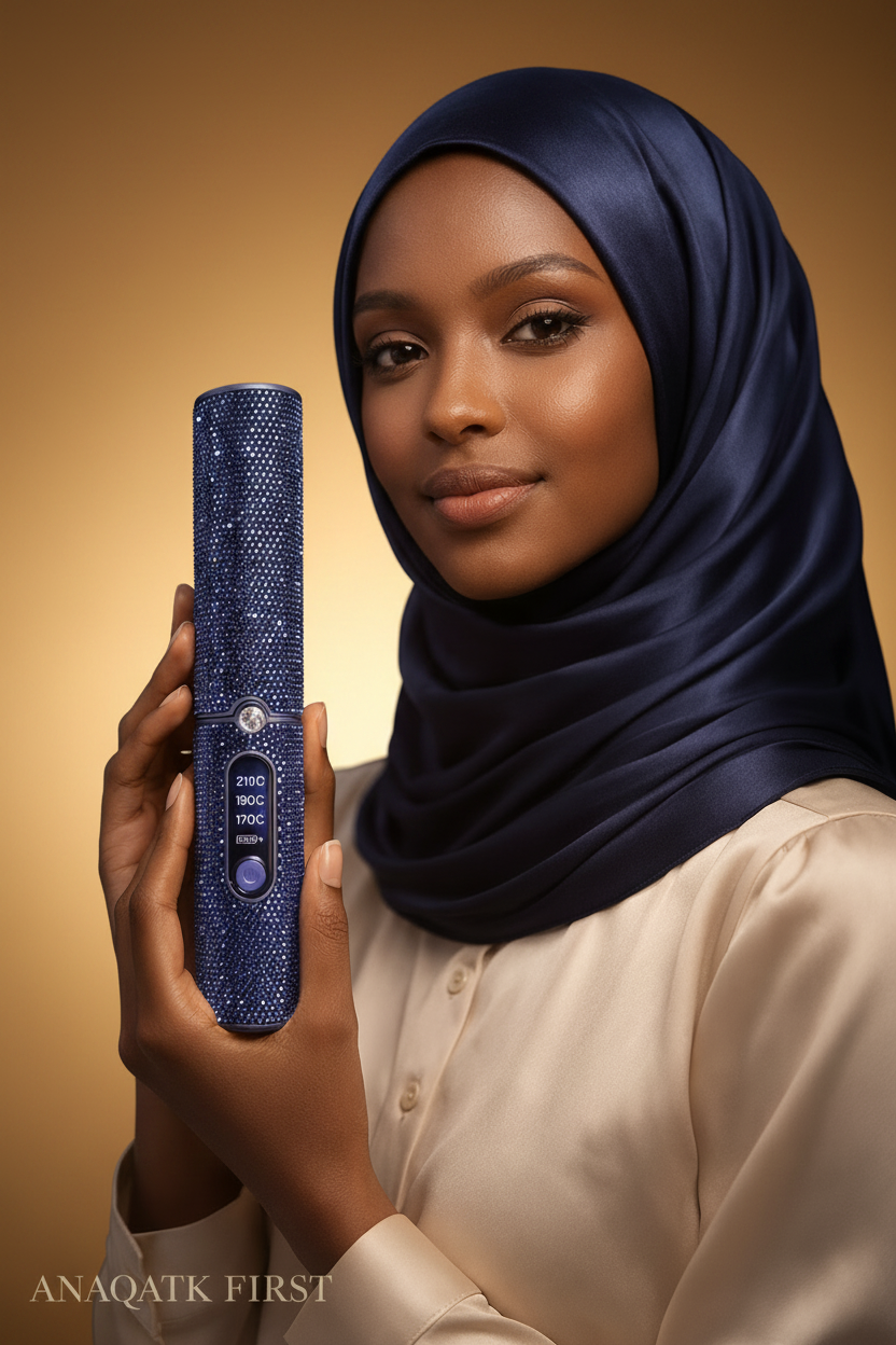 Woman holding a blue, intricately designed object against a black background