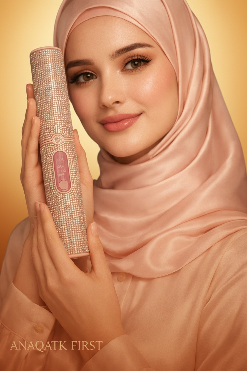 Woman holding a pink and silver product with 'ANQUATK FIRST' branding against a dark background