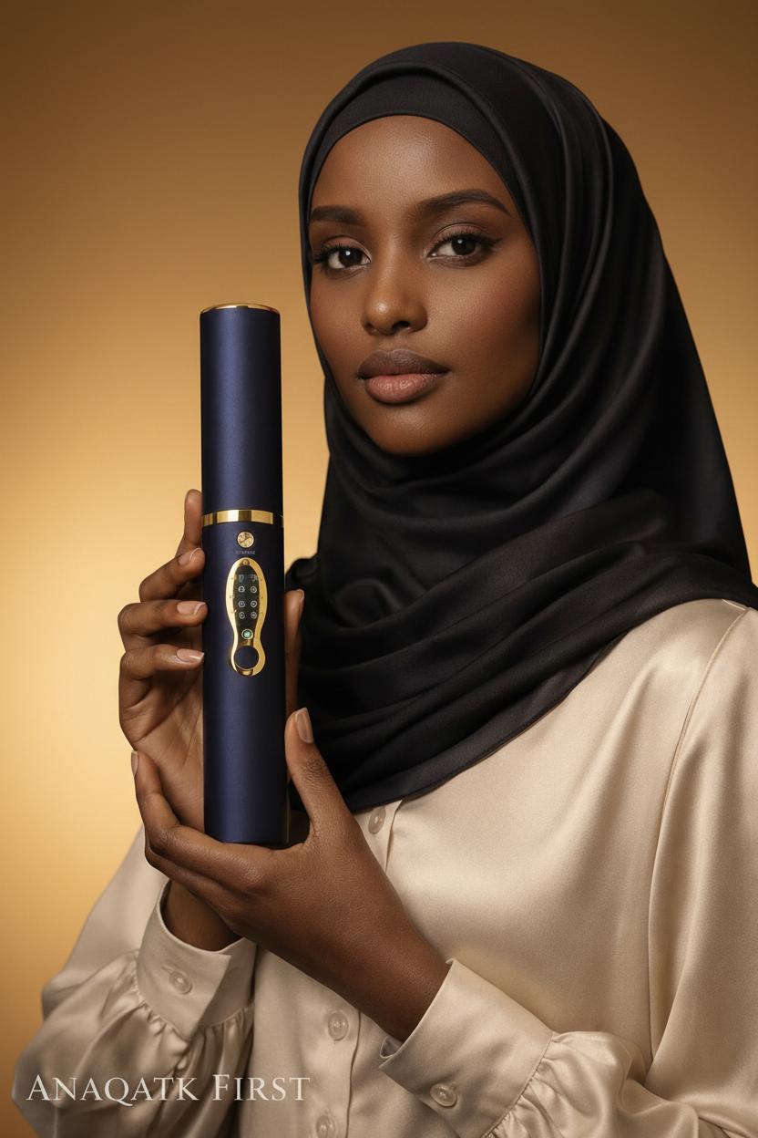 Woman holding a blue cylindrical product with gold accents against a black background