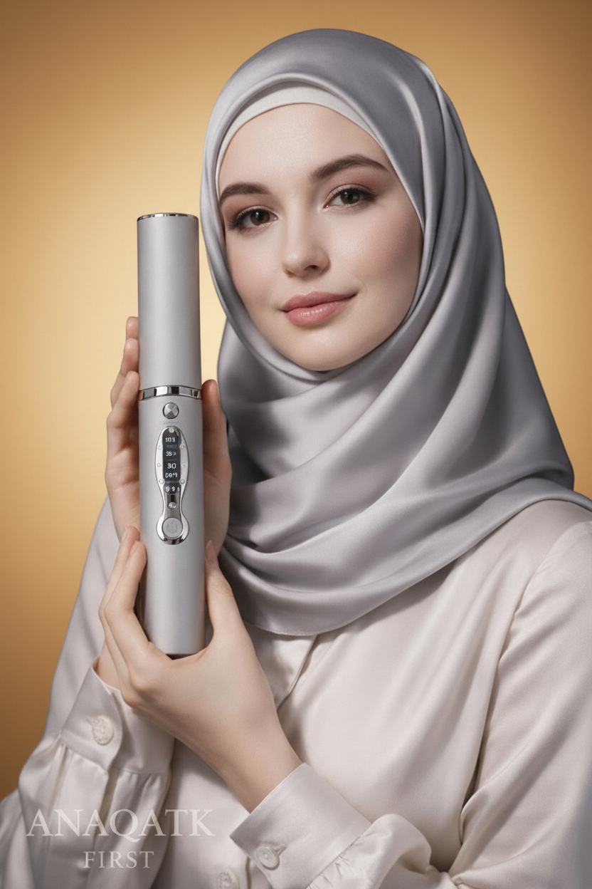Woman wearing a hijab holding a silver electronic device against a black background