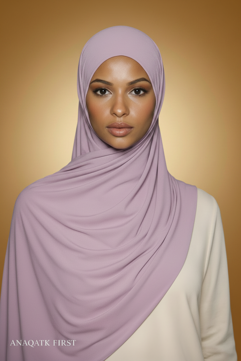 Woman wearing a white hijab against a black background