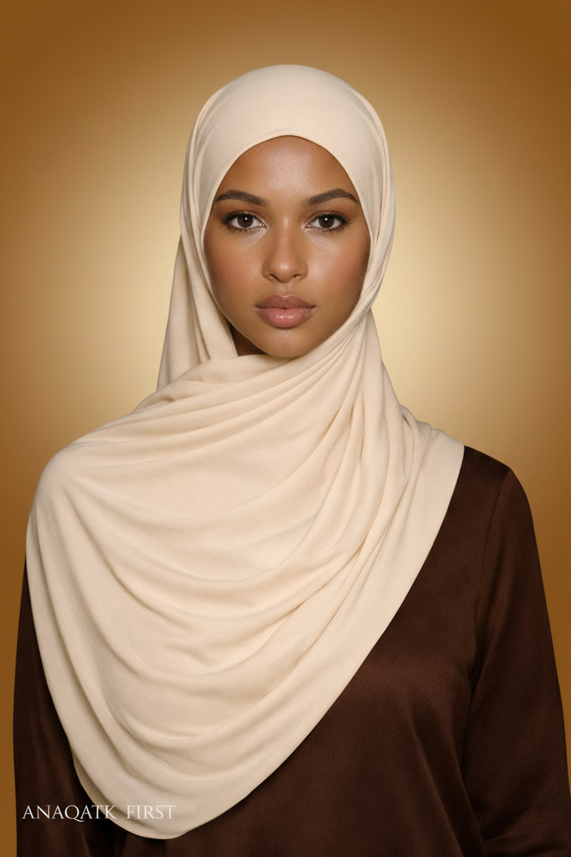 Woman wearing a beige hijab and brown top against a black background