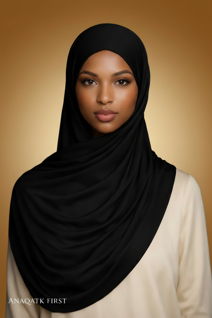 Woman wearing a red hijab against a dark background