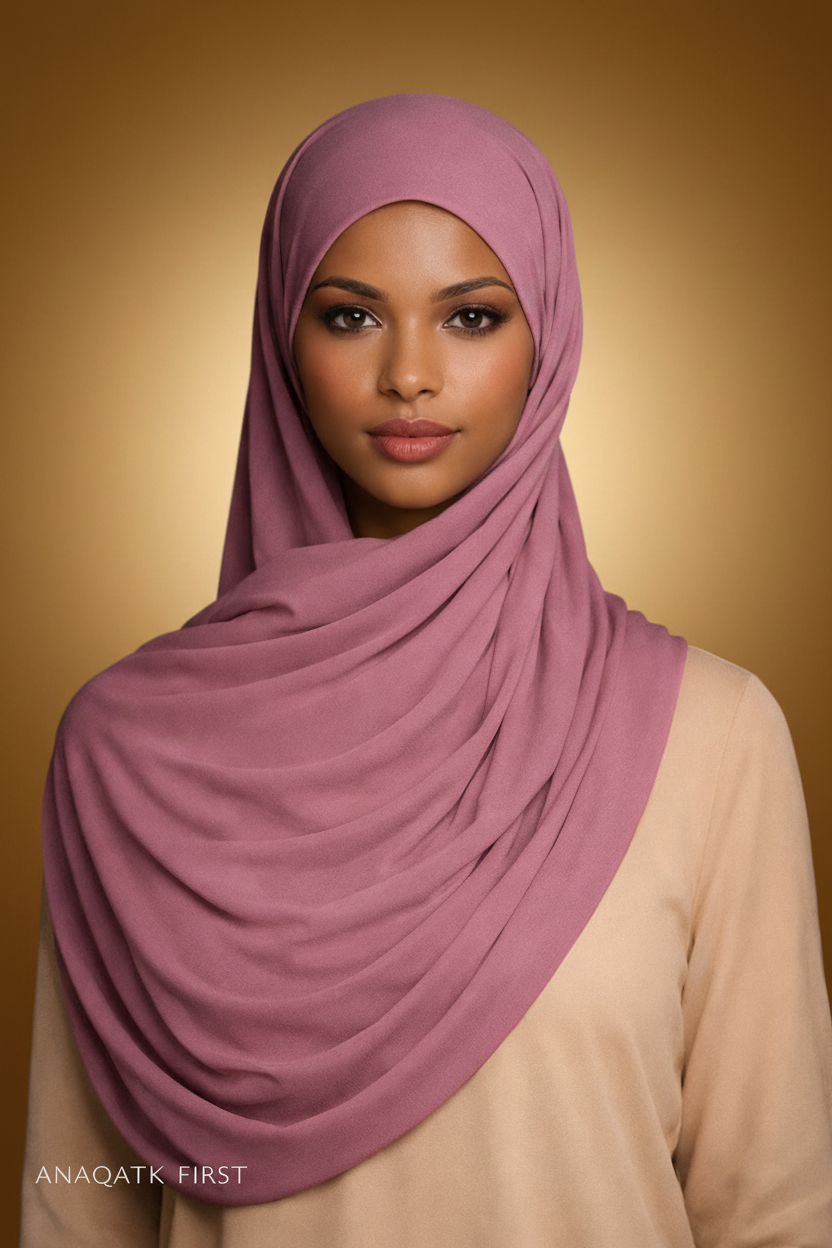 Woman wearing a pink hijab against a black background