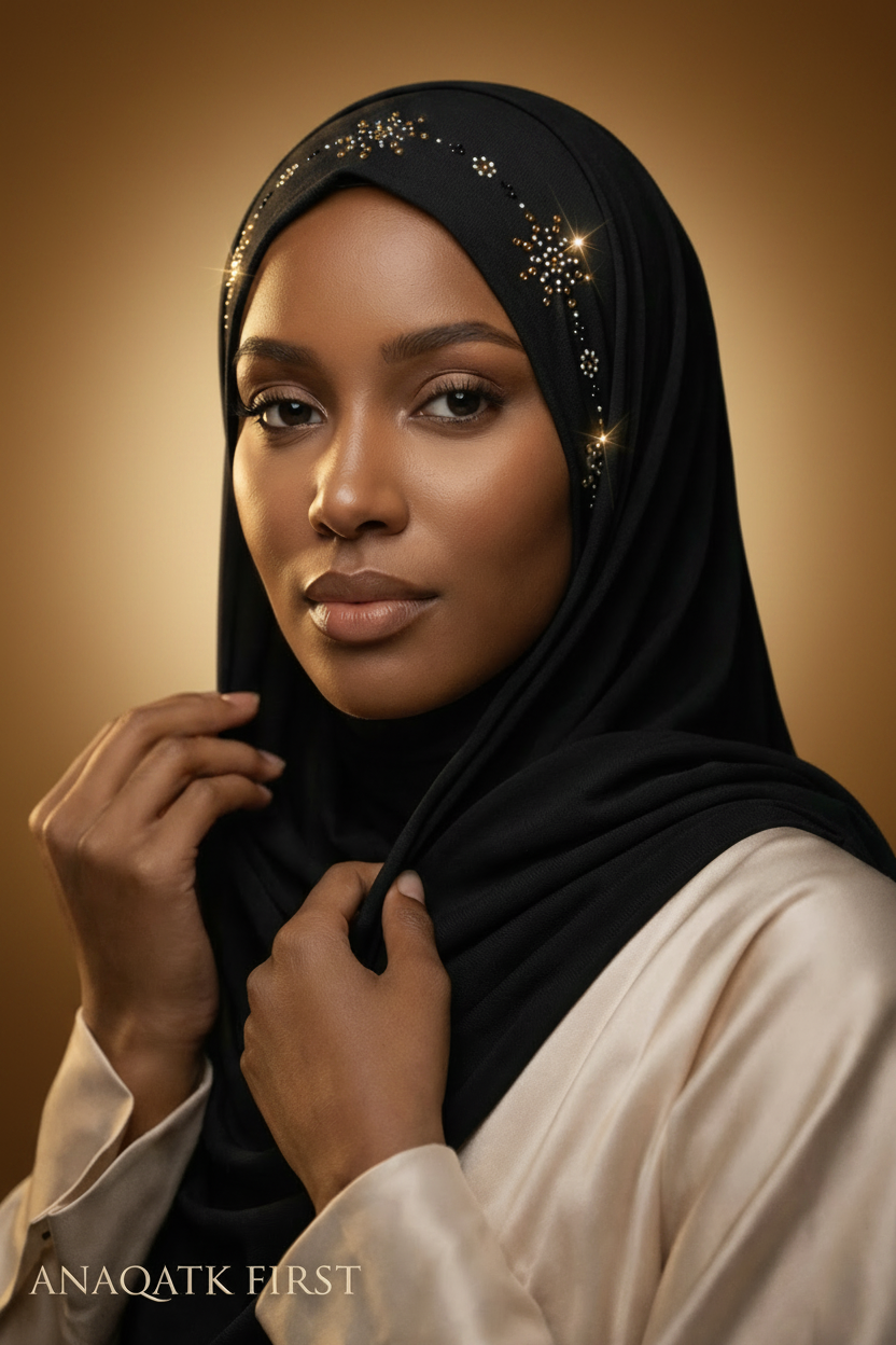 Woman wearing a black hijab with decorative elements on a dark background