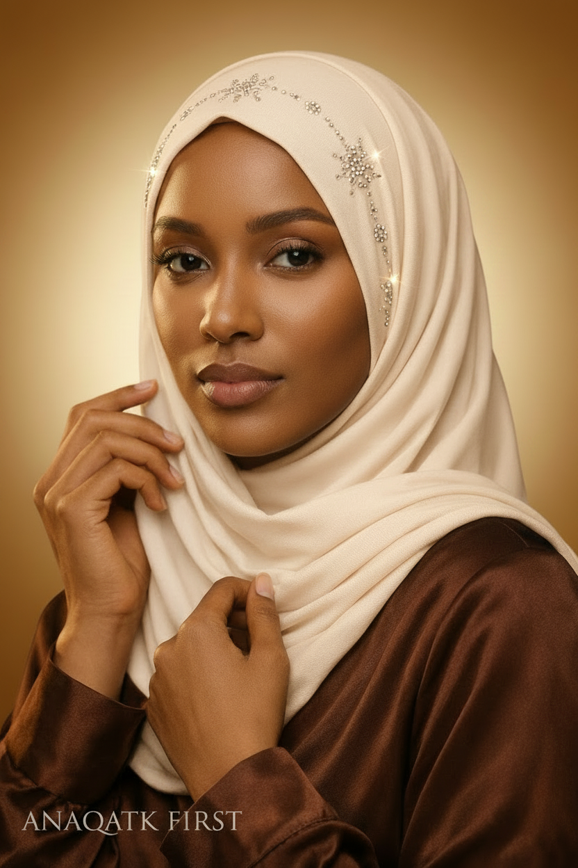 Woman wearing a white hijab with intricate patterns against a dark background