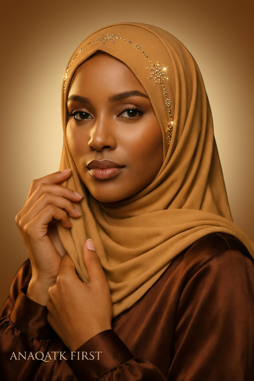Woman wearing a brown hijab with intricate patterns on a dark background
