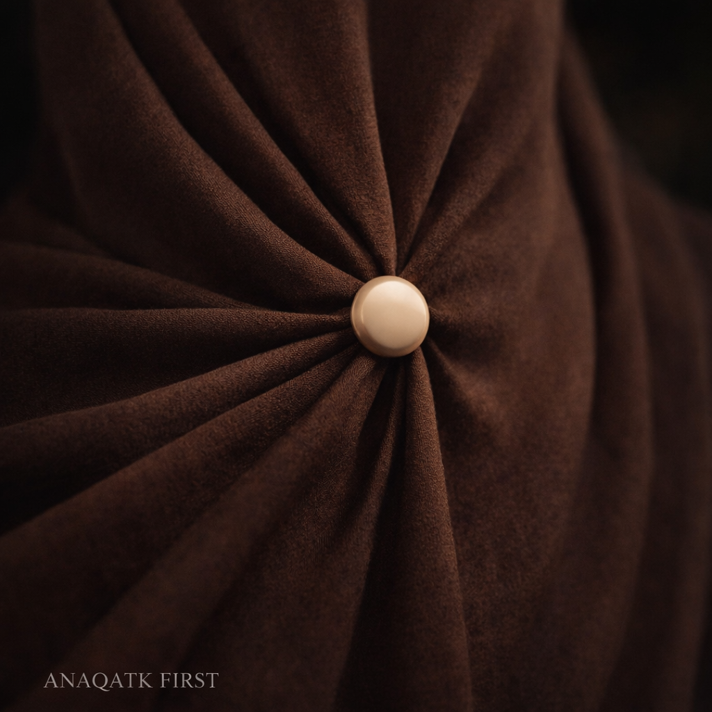 Close-up of brown fabric with a button in the center, featuring the brand 'ANAQATK FIRST'.