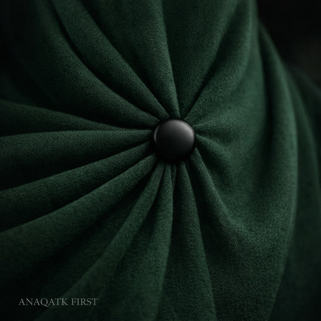 Close-up of a dark green fabric with a central button, featuring the brand 'ANAQATK FIRST'.