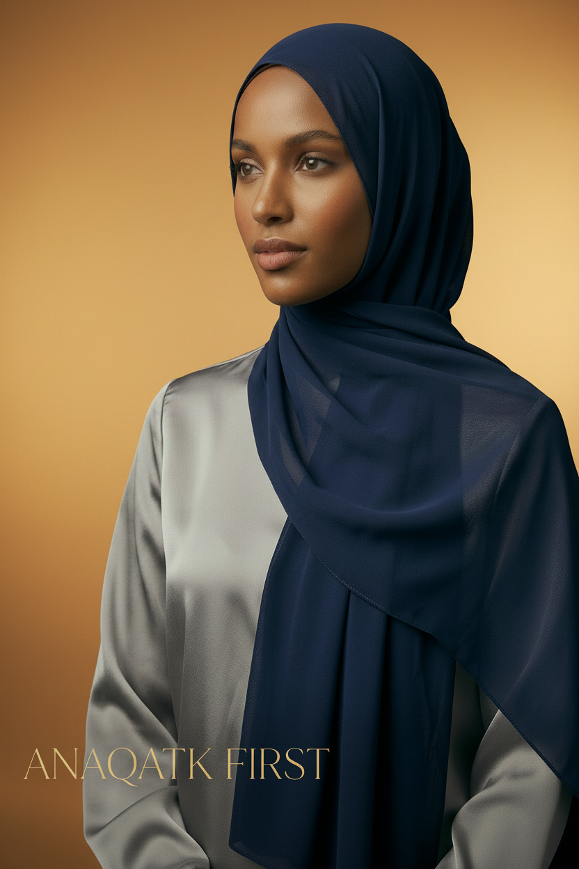 Woman wearing a navy hijab and gray top against a dark background