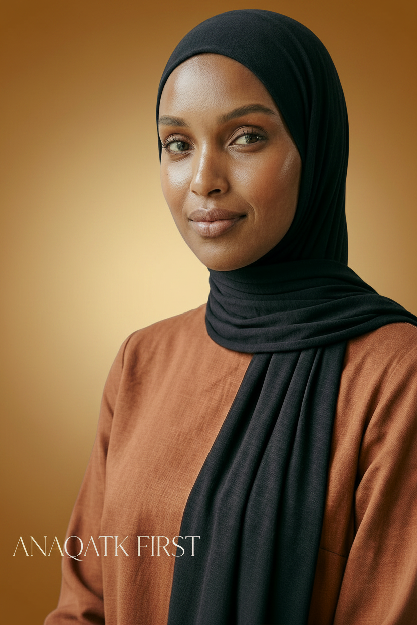 Woman wearing a black hijab and brown top against a dark background with 'ANAQATIK FIRST' branding.