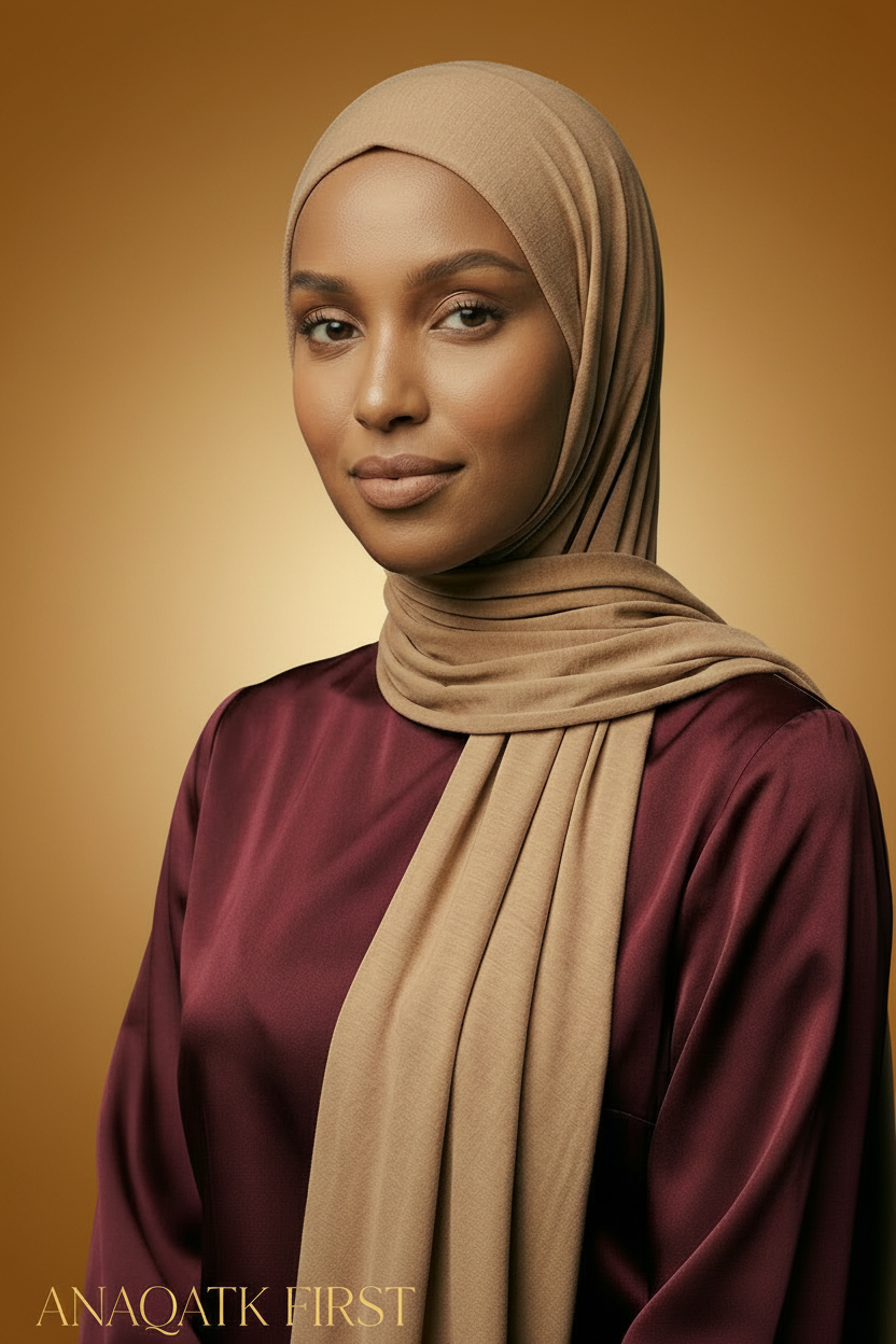 Woman wearing a beige hijab and maroon top against a dark background with 'ANAQATK FIRST' branding.