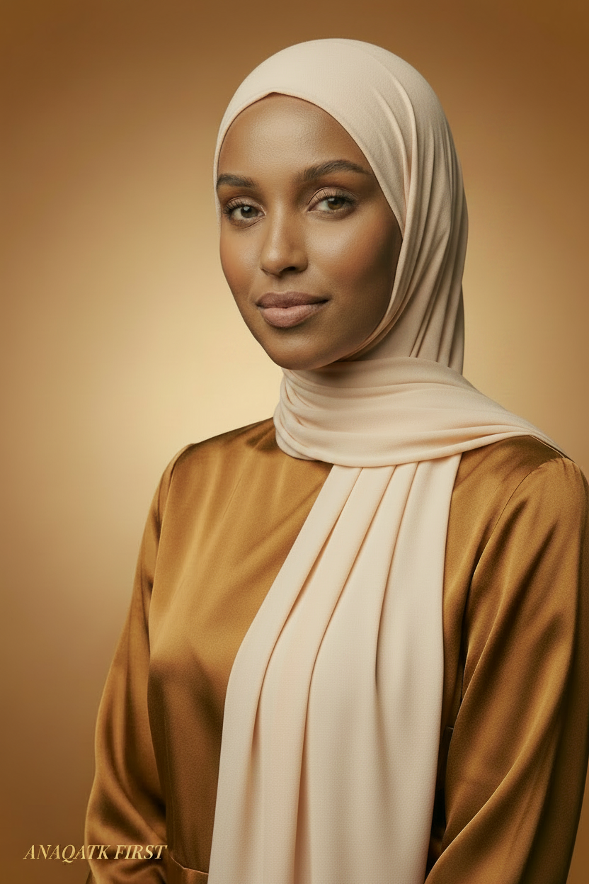 Woman wearing a green hijab and brown top against a dark background with 'ANAQATK FIRST' branding.