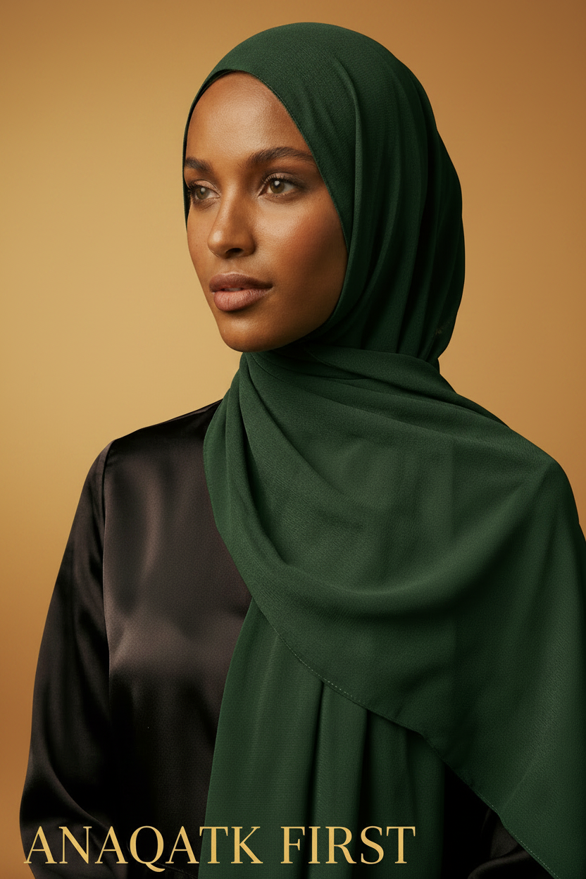 Woman wearing a green hijab against a dark background with 'ANAQATK FIRST' text.