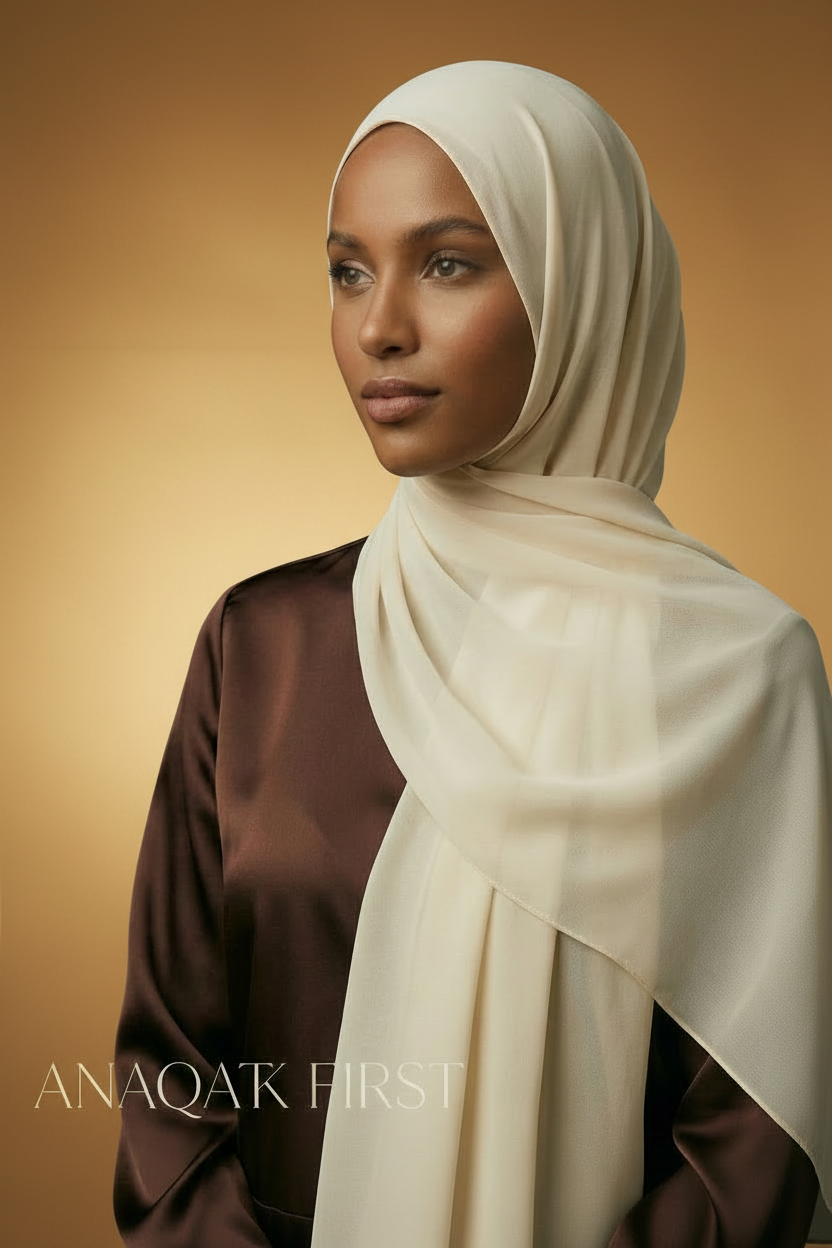 Woman wearing a beige hijab and brown top against a dark background with 'ANAQATK FIRST' branding.