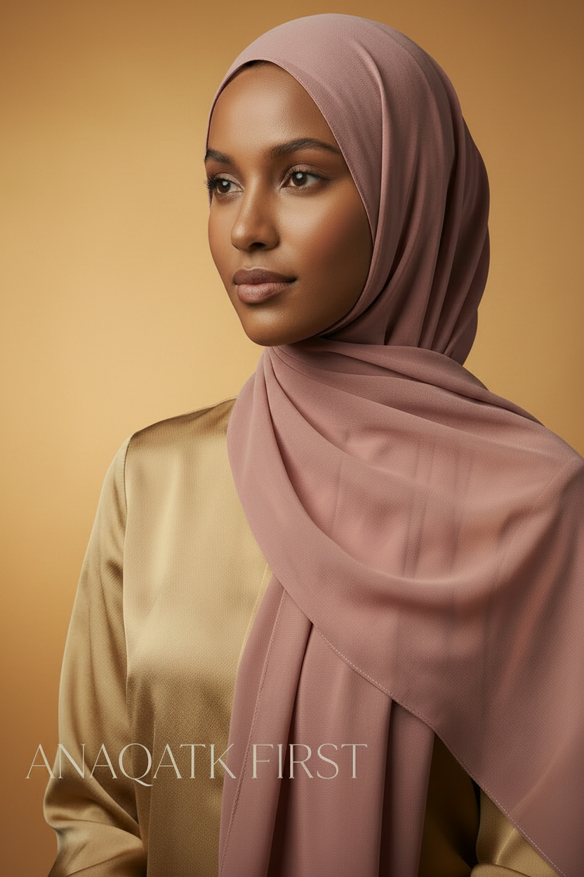 Woman wearing a pink hijab with a gold blouse against a dark background, featuring 'ANAQATK FIRST' branding.
