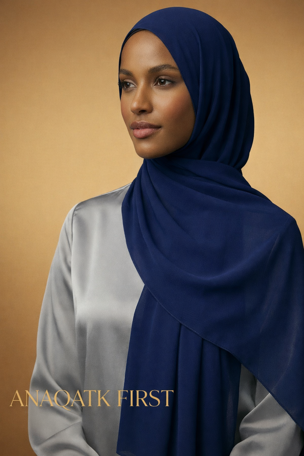 Woman wearing a blue hijab with a gold background and 'ANQATK FIRST' text.