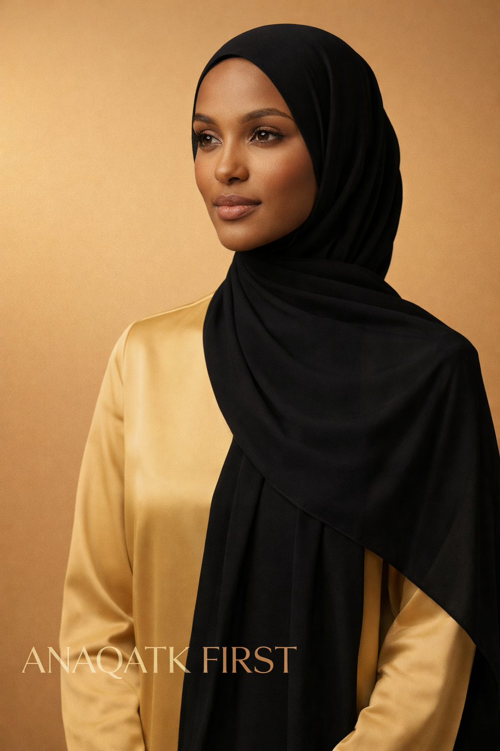 Woman wearing a black hijab and gold outfit against a beige background with 'ANAQATK FIRST' branding.