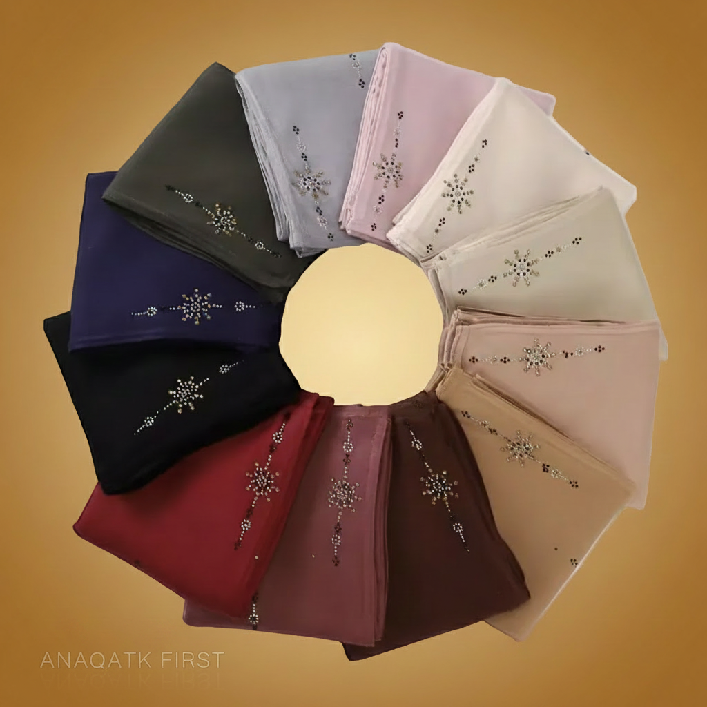 Circular arrangement of scarves in various colors with decorative patterns.
