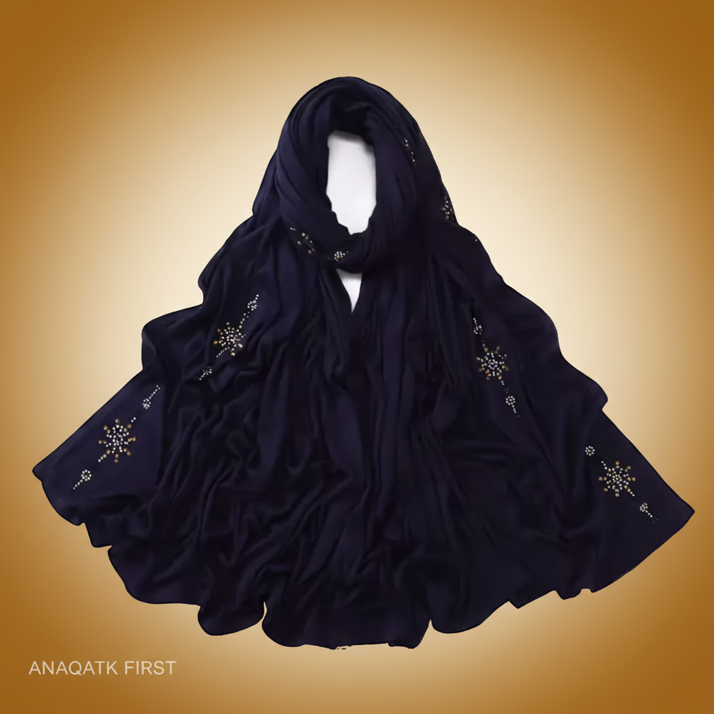 Navy blue scarf with decorative elements on a white background
