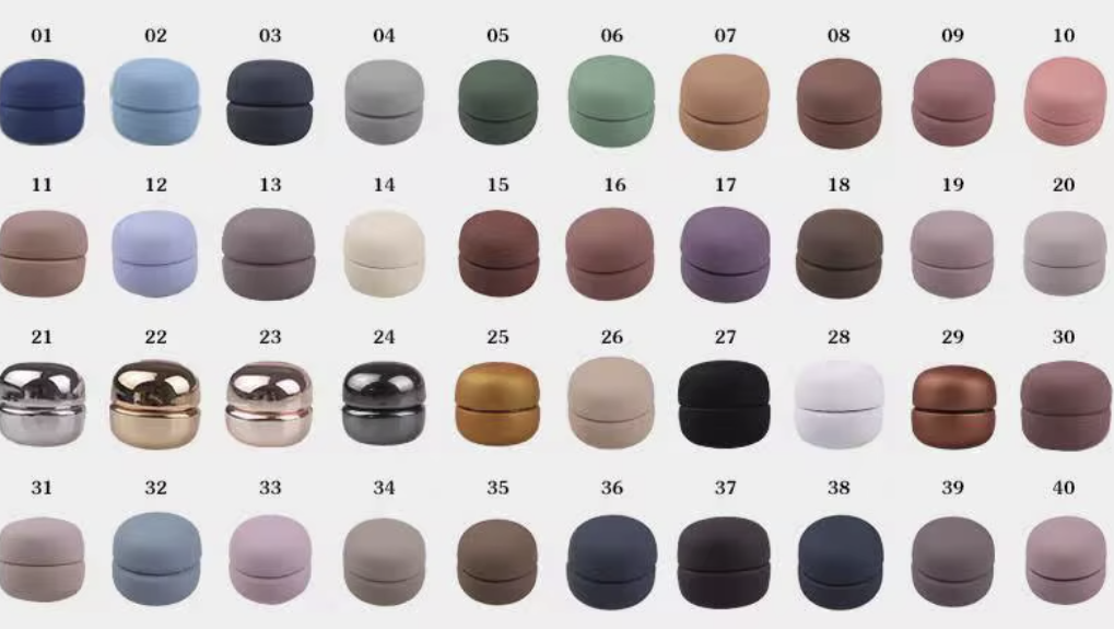 Color swatch chart with various shades of cosmetic cases.