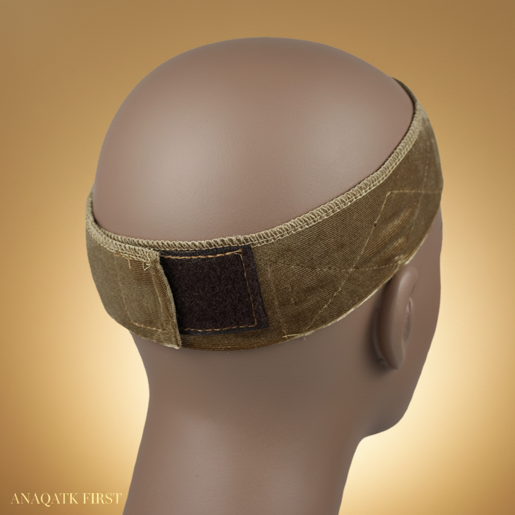 Brown headband on a mannequin head with a white background