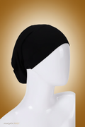 Black headscarf on a mannequin head against a white background