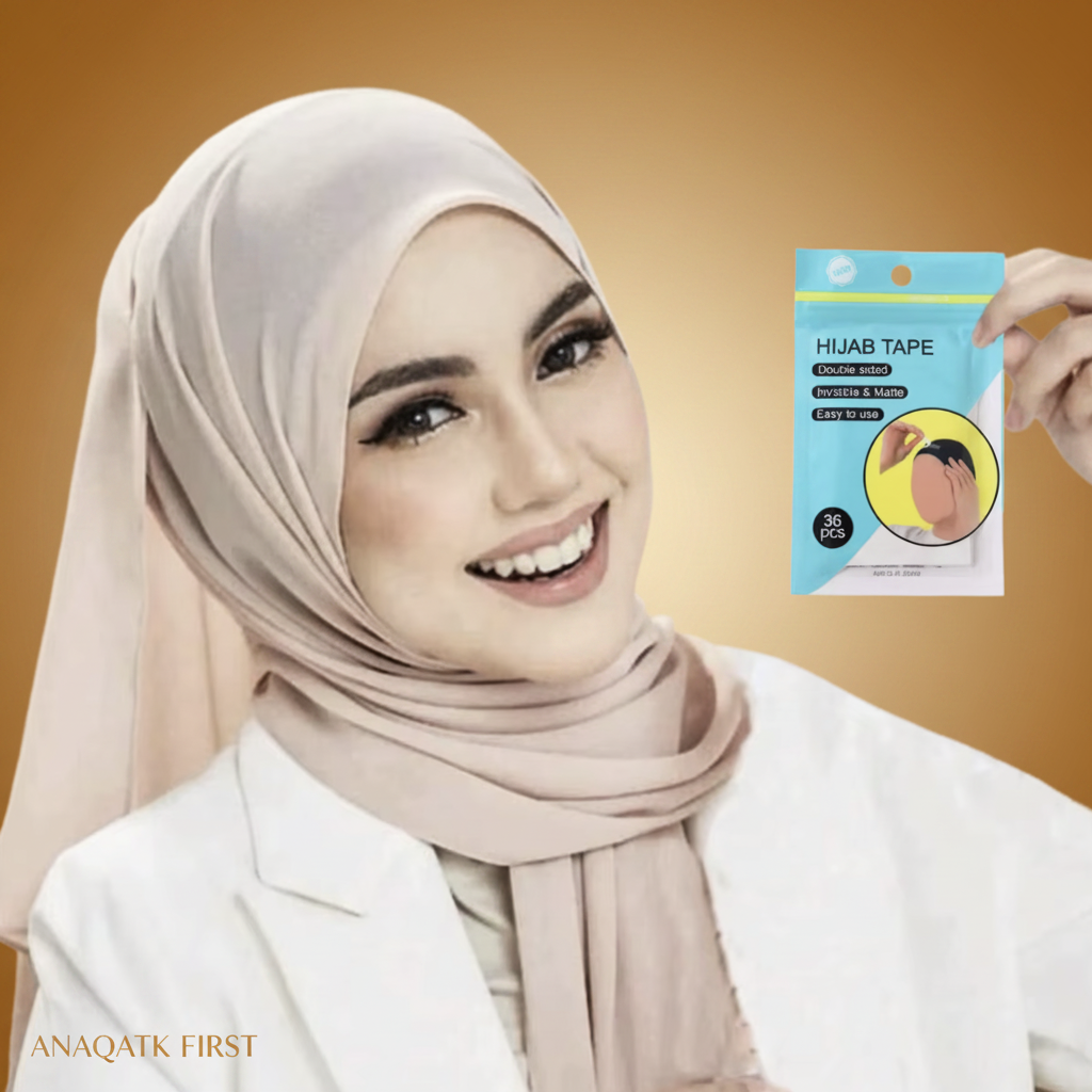 Woman wearing a hijab with a package of hijab tape in the background