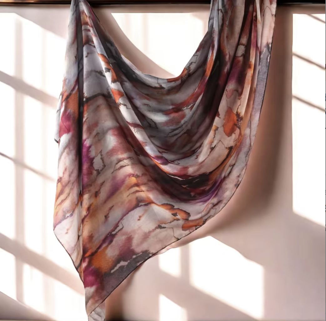 Colorful scarf with abstract pattern draped over a window