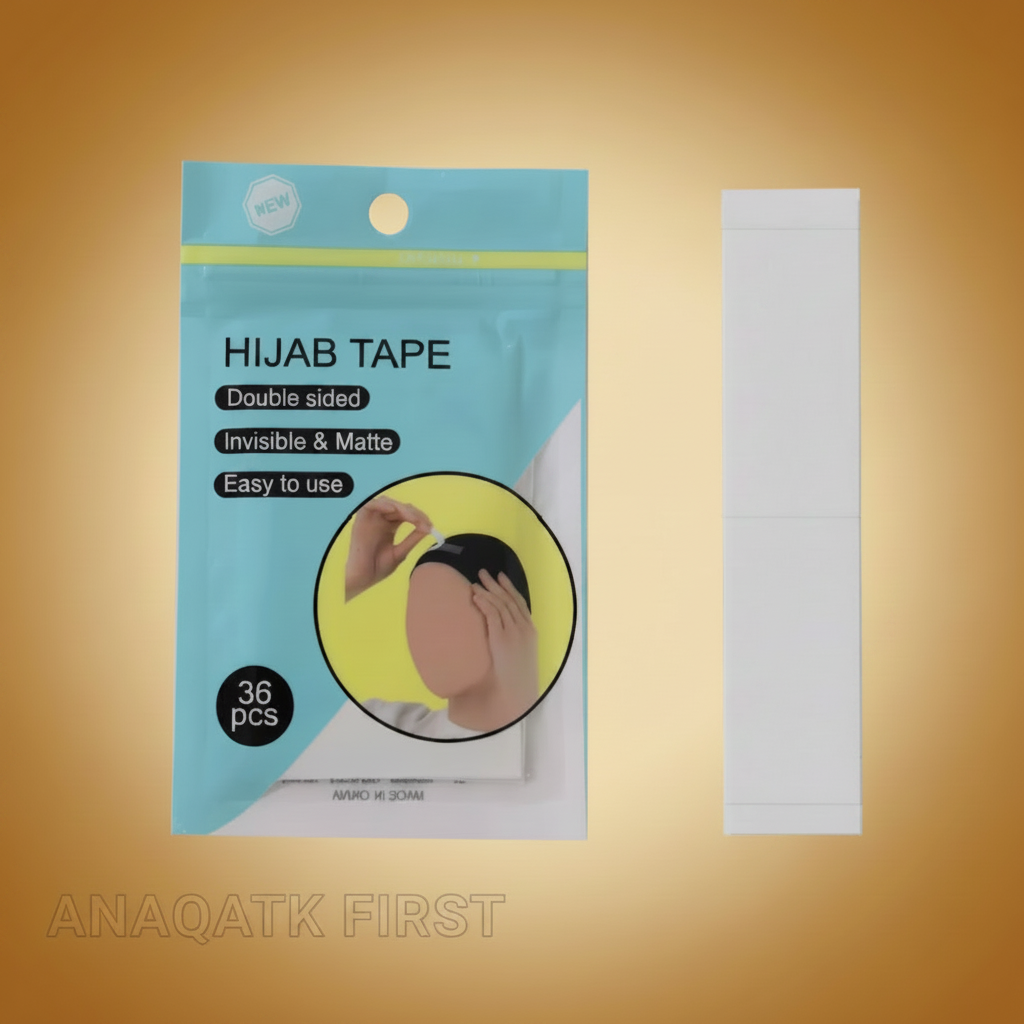 Packaging of hijab tape with text and a person wearing a hijab on a white background
