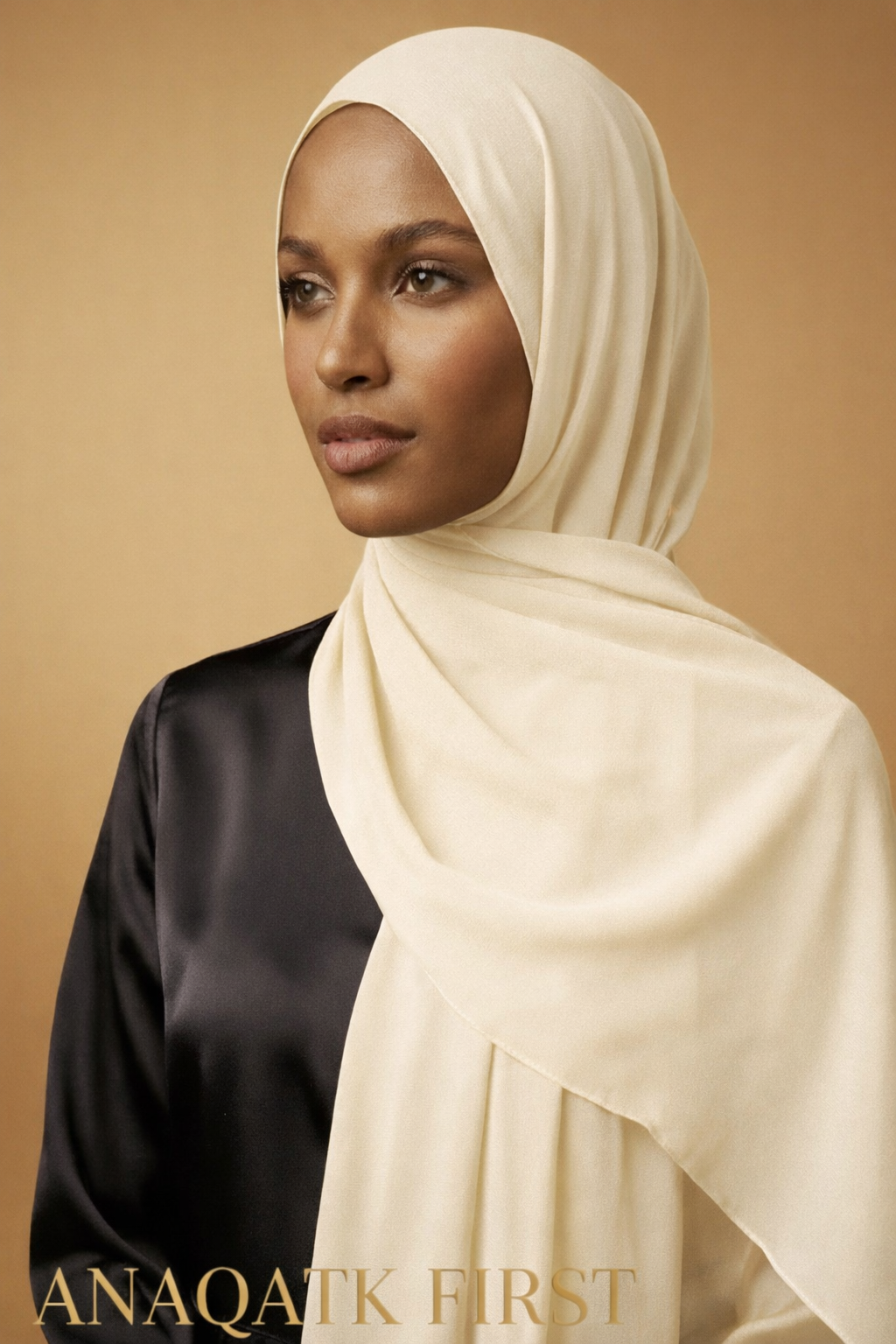Woman wearing ivory cream hijab — ANAQATK FIRST