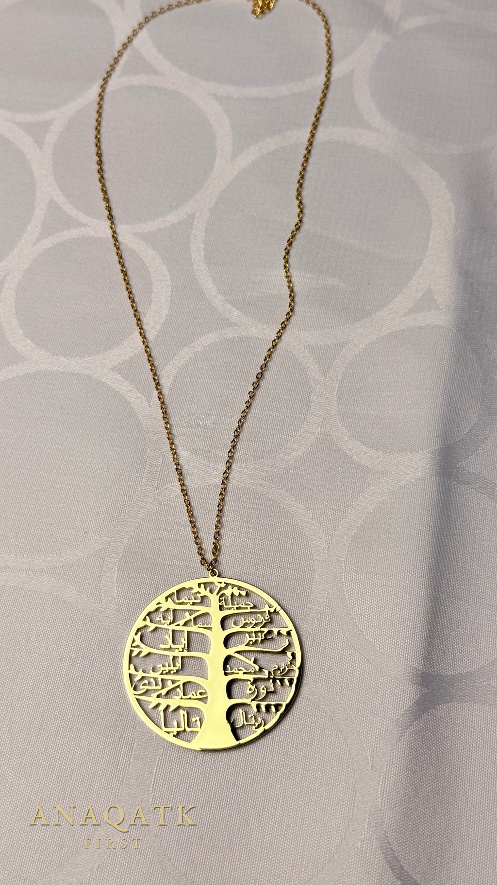 Gold family tree necklace with Arabic names as branches — Anaqatk First