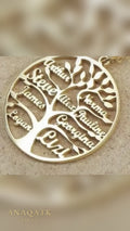 18K gold family tree name necklace — names as branches, English